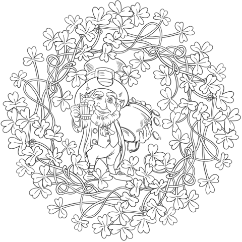 St. Patricks Day Mandala With Leprechaun Holding Glass Of Beer And Pot Of Gold Coloring Page